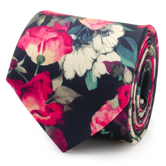 Corbata de seda azul marino con motivos florales pintados para hombre