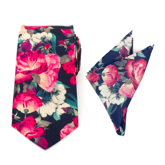 Set de regalo de corbata y pañuelo de bolsillo azul marino con estampado floral pintado