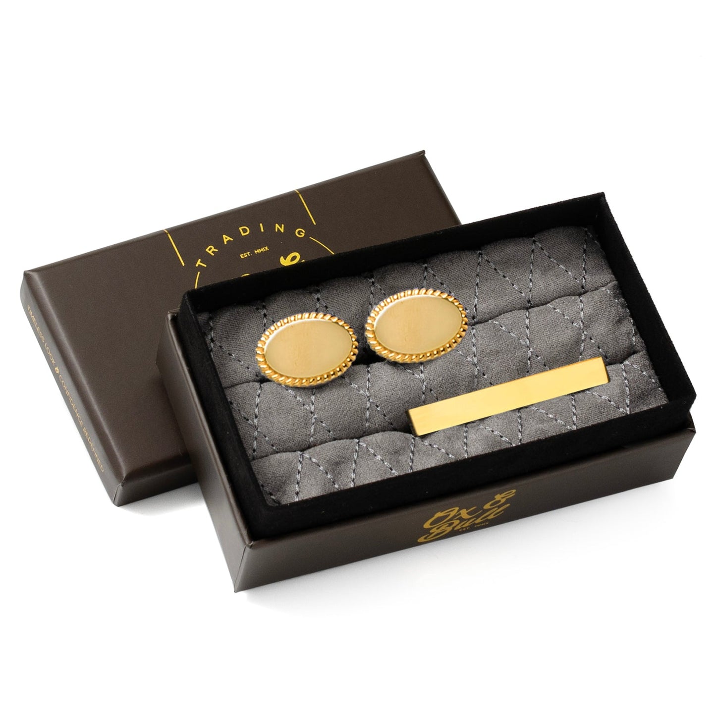 Juego de regalo de mancuernillas ovaladas con borde trenzado y broche de corbata con baño de oro de 14 quilates