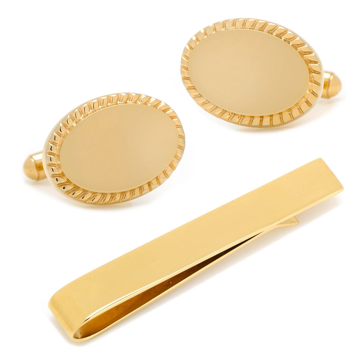Juego de regalo de mancuernillas ovaladas con borde trenzado y broche de corbata con baño de oro de 14 quilates
