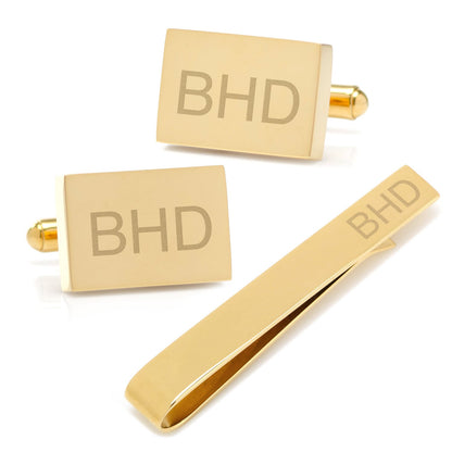 Set de regalo de gemelos y pasacorbatas rectangulares grabables de oro