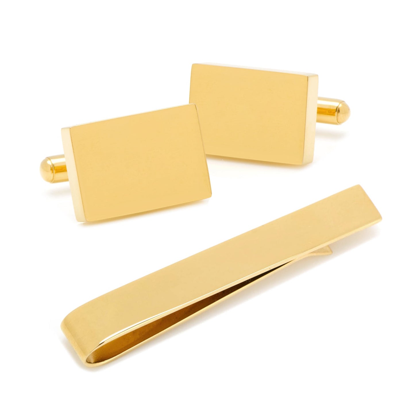 Set de regalo de gemelos y pasacorbatas rectangulares grabables de oro