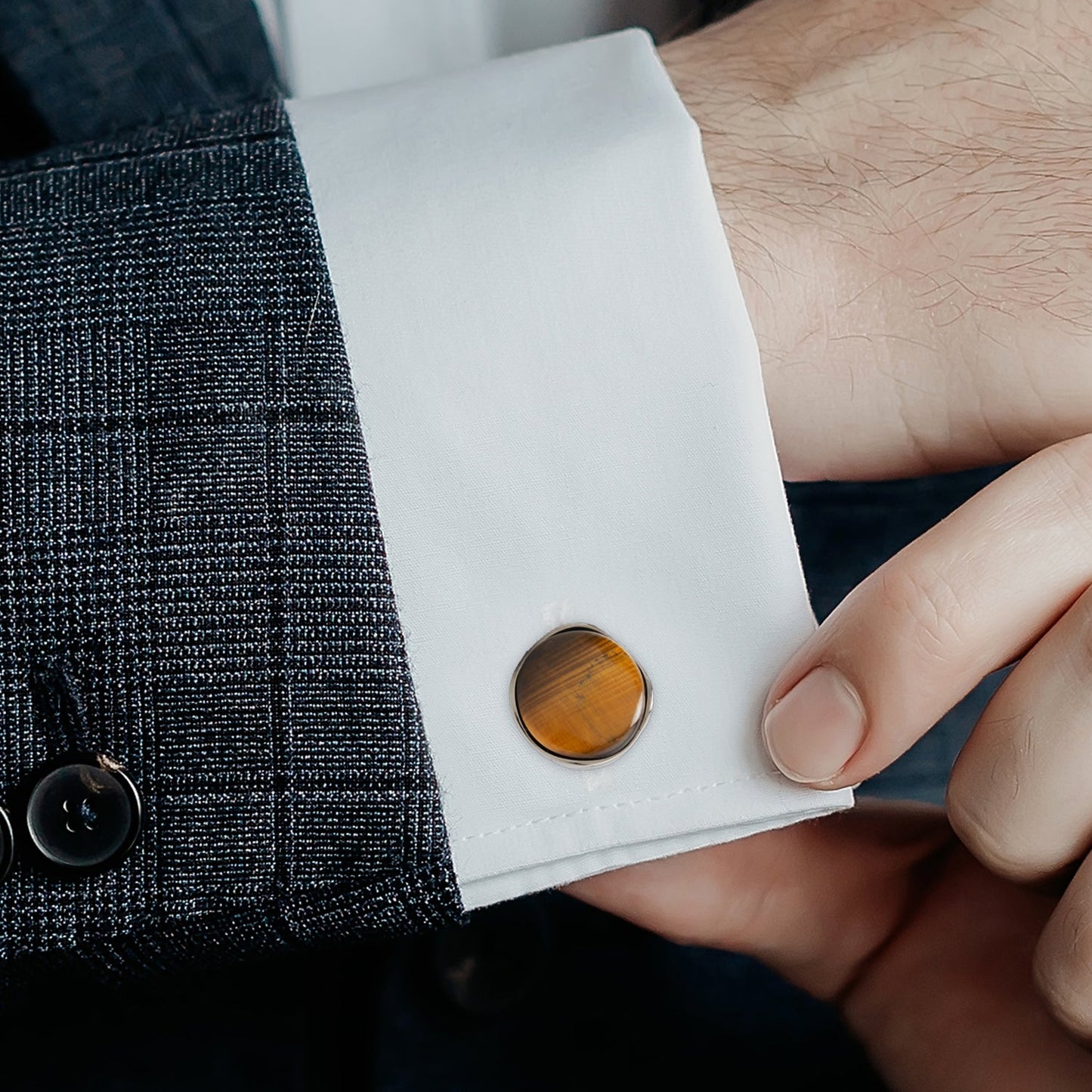Sterling Silver Formal Tigers Eye Gunmetal Cufflinks - My Men's Shop
