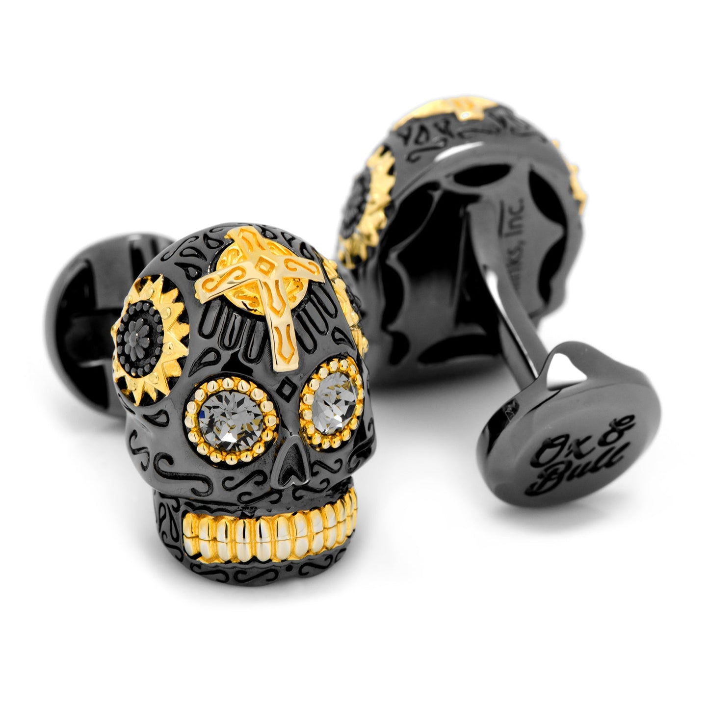 Gemelos de calavera del Día de Muertos de plata de ley negra y vermeil de oro de 18 quilates
