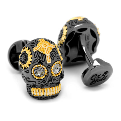 Gemelos de calavera del Día de Muertos de plata de ley negra y vermeil de oro de 18 quilates