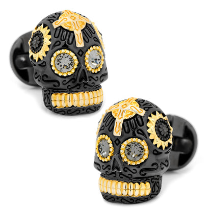 Gemelos de calavera del Día de Muertos de plata de ley negra y vermeil de oro de 18 quilates