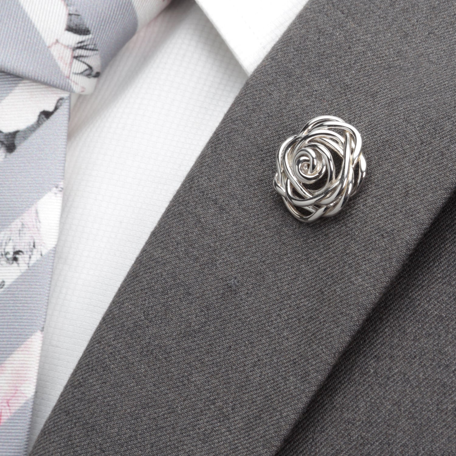 Sterling Silver Rhodium Plated Rose Lapel Pin - My Men's Shop