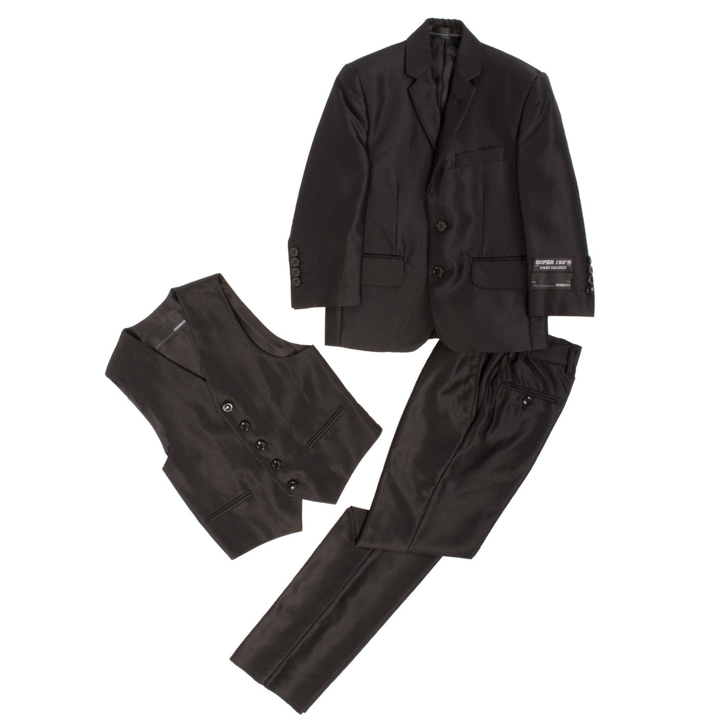 Ferrecci Boys Black Sharkskin 3-Piece Vested Suit – Formal Kids Suit