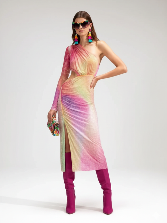 Vestido con abertura en un hombro y cintura ceñida para mujer, Upper East Side, BYMANYC Nueva York.