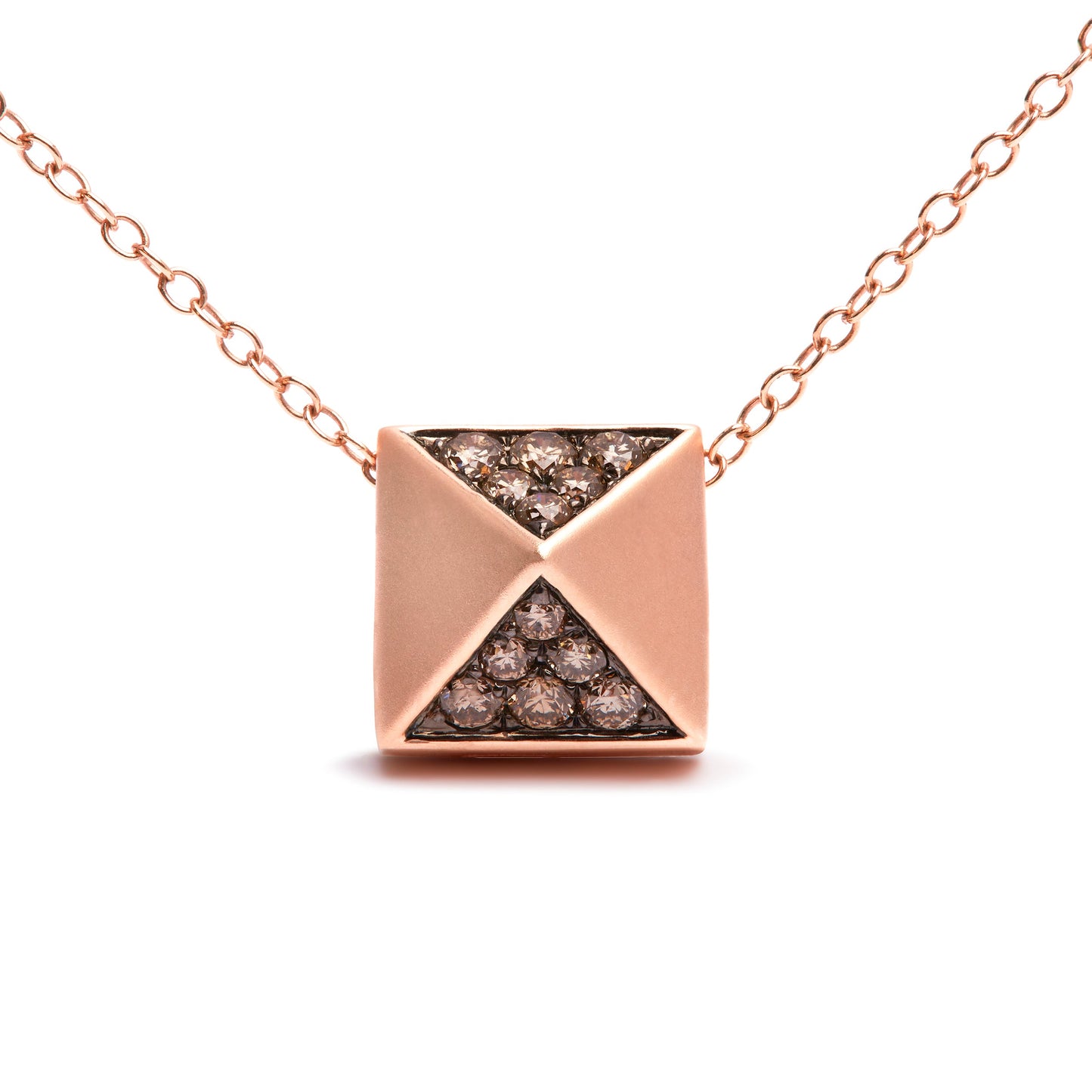 Collar con colgante piramidal con acabado mate de oro rosa de 14 quilates con diamantes marrones de 0,25 quilates (color marrón, claridad SI1-SI2) - 18 pulgadas