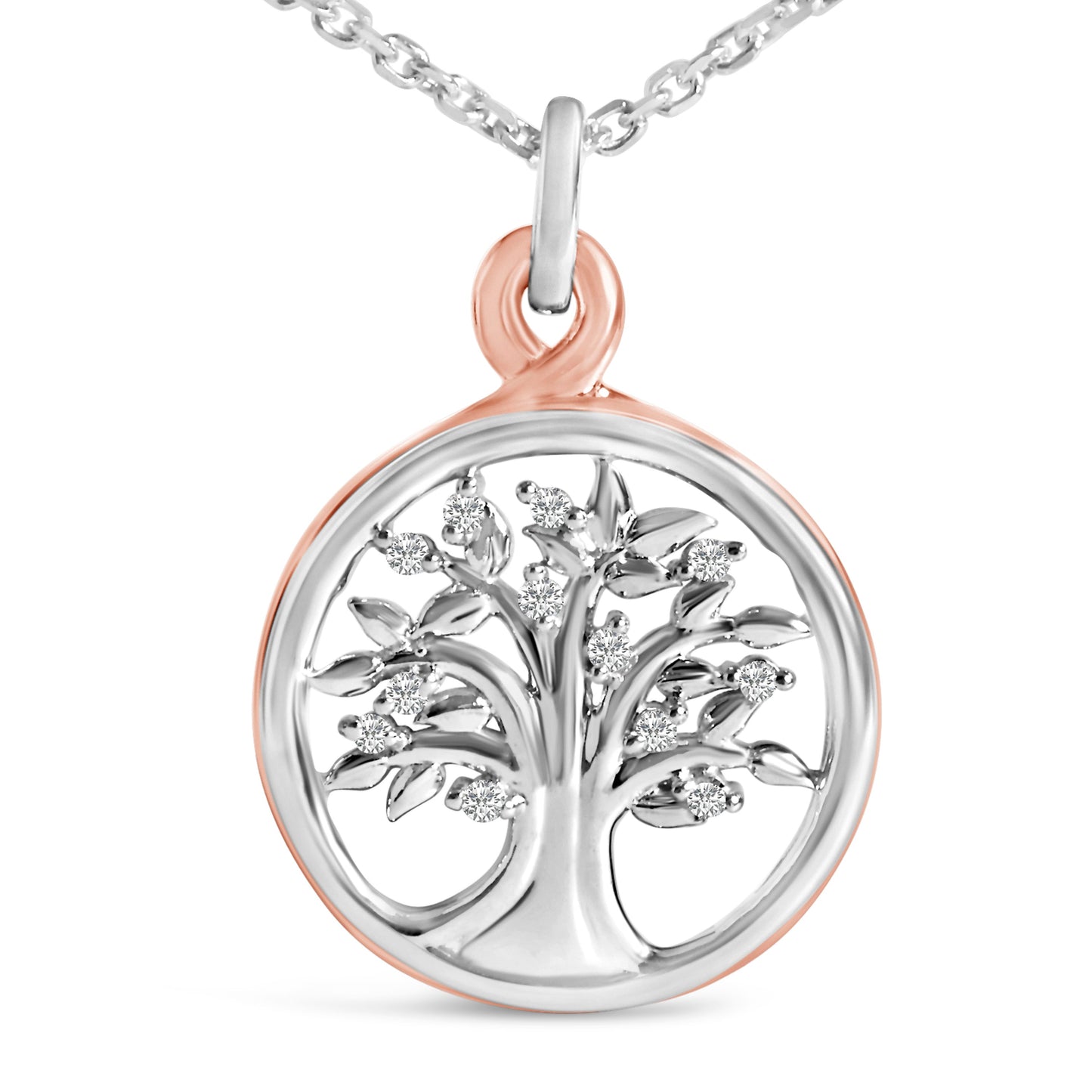 Collar con colgante del árbol de la vida con acento de diamante en plata de ley chapada en oro rosa de 14 quilates