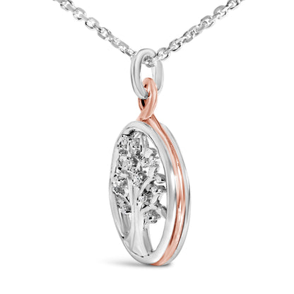 Collar con colgante del árbol de la vida con acento de diamante en plata de ley chapada en oro rosa de 14 quilates