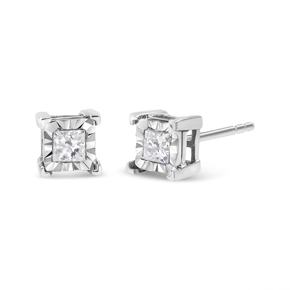 Pendientes de solitario con diamantes talla princesa de 1/2 quilate (H-I Color, I1-I2 Claridad) en plata de ley 925 con engaste Miracle