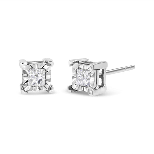 Pendientes de solitario con diamantes talla princesa de 1/2 quilate (H-I Color, I1-I2 Claridad) en plata de ley 925 con engaste Miracle