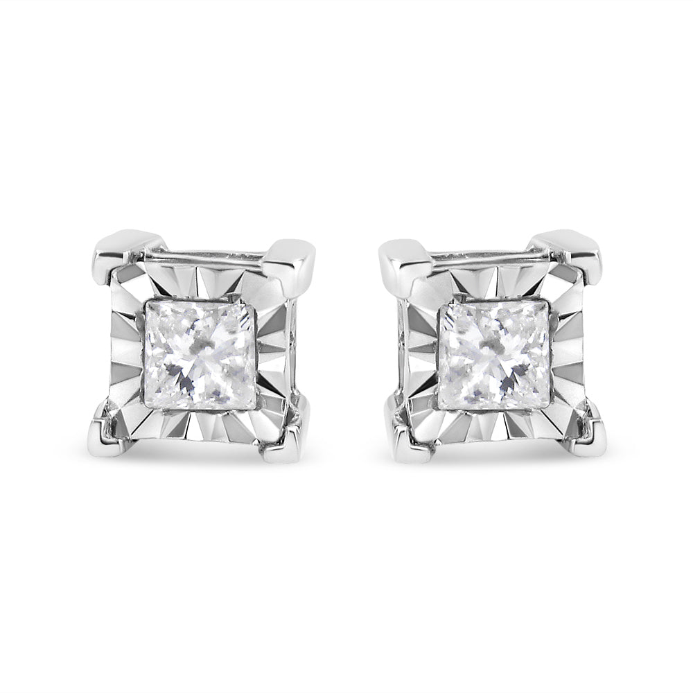 Pendientes de solitario con diamantes talla princesa de 1/2 quilate (H-I Color, I1-I2 Claridad) en plata de ley 925 con engaste Miracle