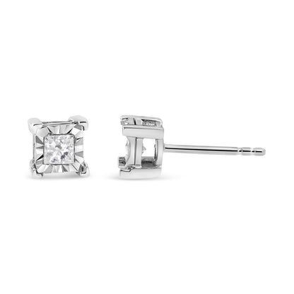 Pendientes de tuerca solitario con diamantes de talla princesa de 1/2 quilate, engaste milagro, plata de ley .925 (color I-J, claridad SI1-SI2)