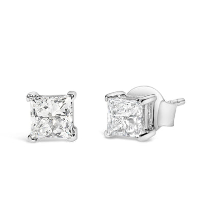 Pendientes de botón solitarios de 4 puntas de oro blanco de 14 quilates con diamantes de laboratorio talla princesa de 3/8 quilates (claridad VS1-VS2, color F-G)