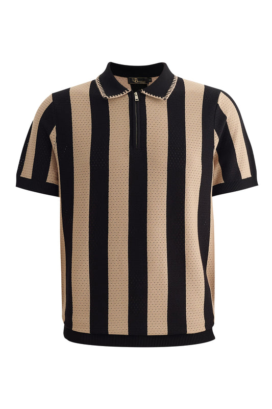 Monaco Zip Polo with Bold Stripe Knit KHAKI - My Men's Shop