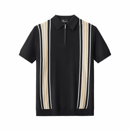 Retro Stripe Zip Polo BLACK/KHAKI - My Men's Shop