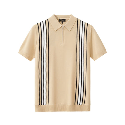 Retro Stripe Zip Polo KHAKI/WHITE - My Men's Shop