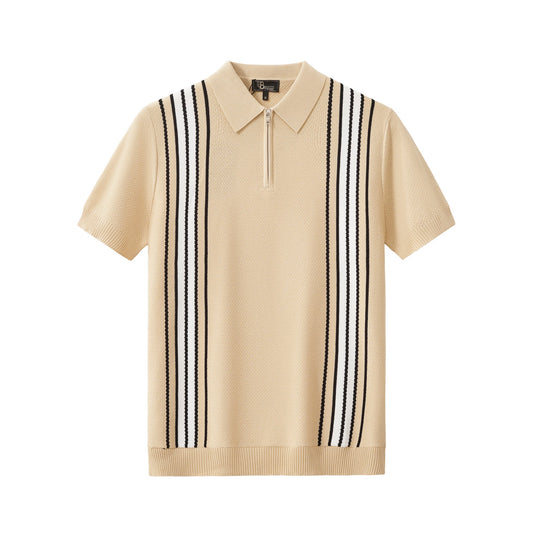 Retro Stripe Zip Polo KHAKI/WHITE - My Men's Shop