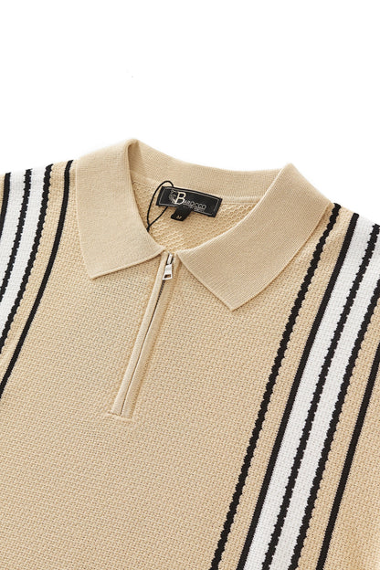 Retro Stripe Zip Polo KHAKI/WHITE - My Men's Shop