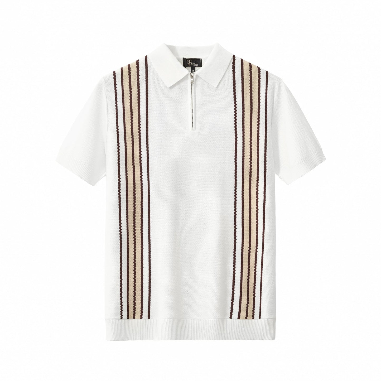 Retro Stripe Zip Polo WHITE/KHAKI - My Men's Shop