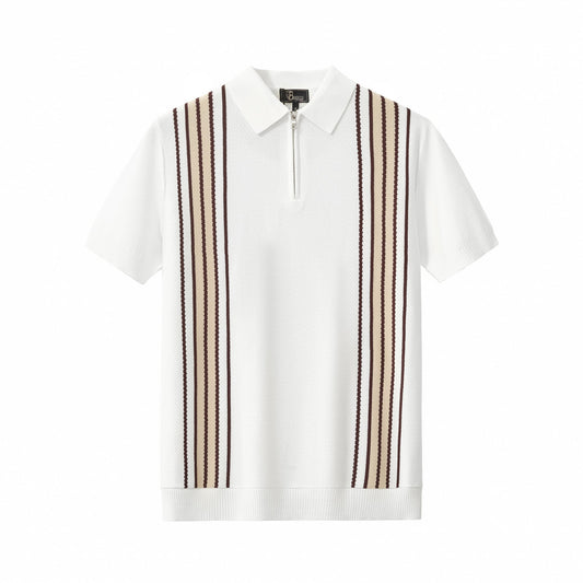 Retro Stripe Zip Polo WHITE/KHAKI - My Men's Shop