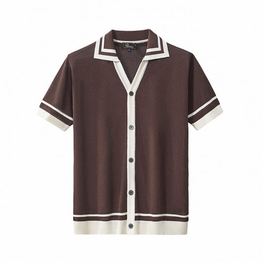 Contrast Trim Mesh Button-Up COFFEE - My Men's Shop