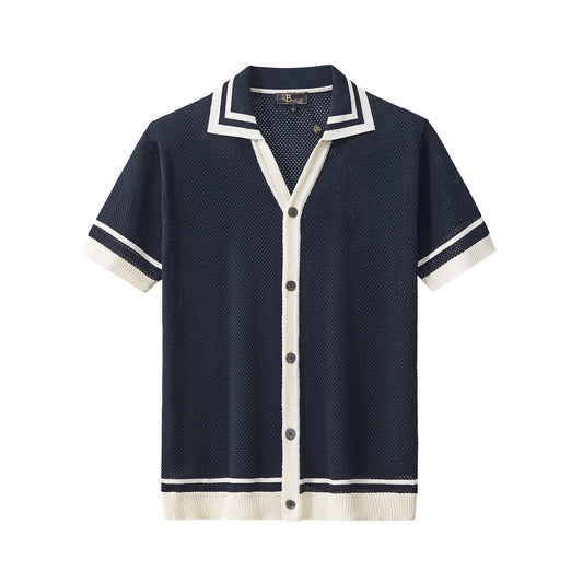 Contrast Trim Mesh Button-Up NAVY - My Men's Shop