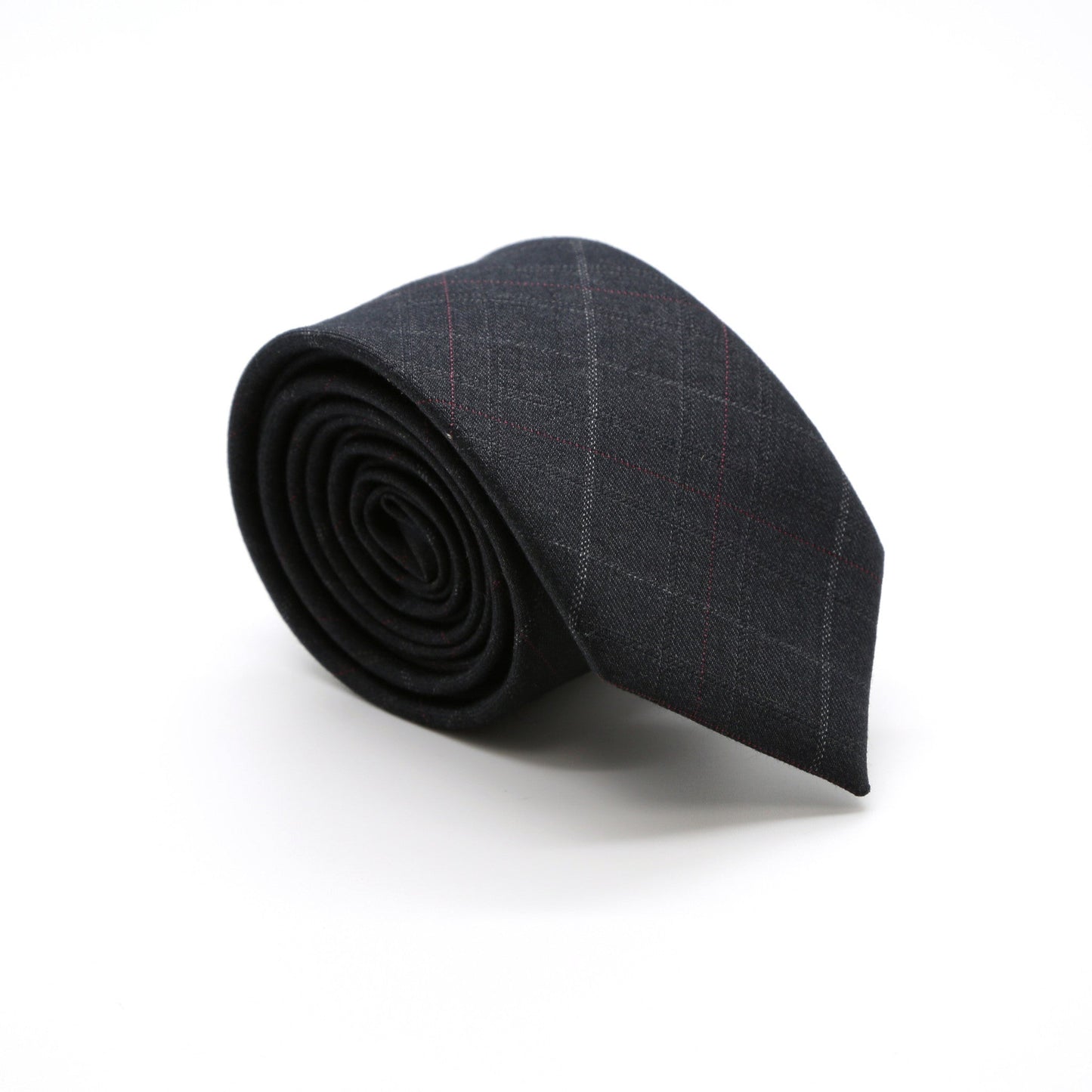 Slim Charcoal With Hint Of Red & Beige Plaid Neckties & Handkerchief