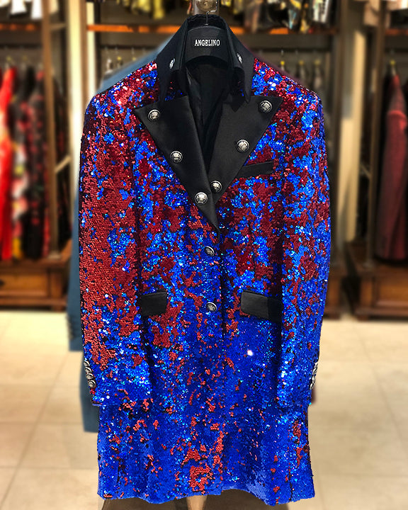 Prom long coat - mens Long Jacket - Sequin Red/Blue - My Men's Shop