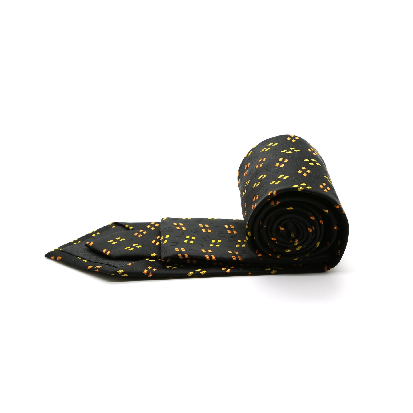 Ferrecci Mens Black/Yellow/Orange Geo Pattern Necktie with Handkerchief Set