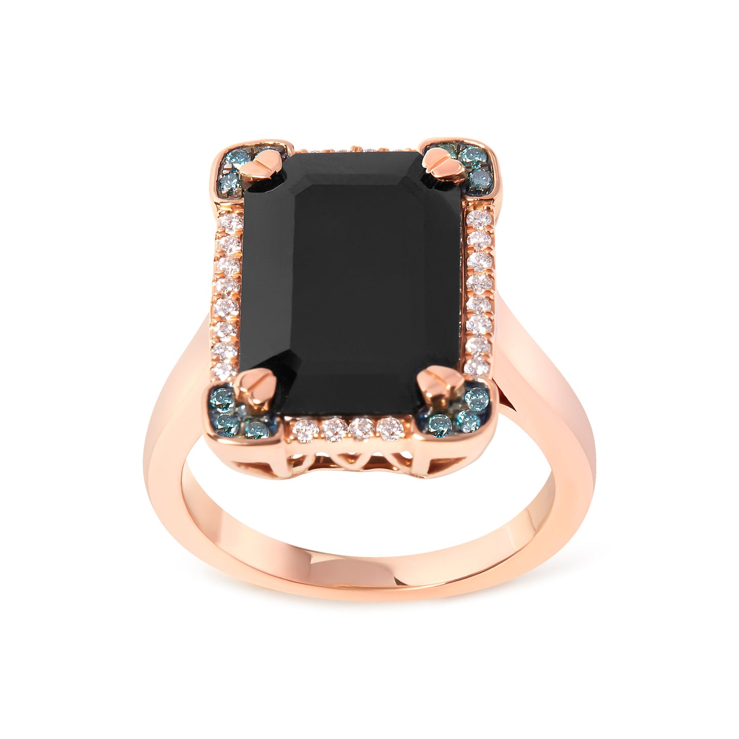 Anillo de cóctel de oro rosa de 14 quilates con ónix negro talla esmeralda de 15x10 mm y halo de diamantes azules y blancos de 1/5 quilates (color G-H, claridad SI1-SI2) - Talla 7