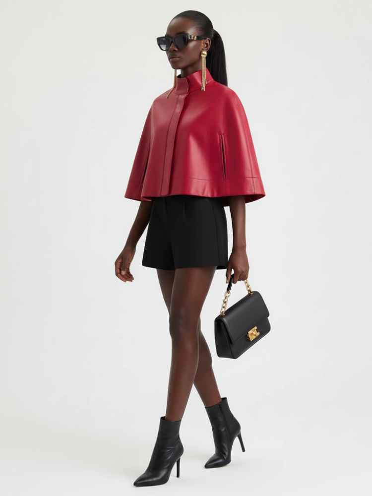 Red Leather-Style Short Cape Jacket For Women, Greenwich Village, BYMANYC New York. - My Men's Shop