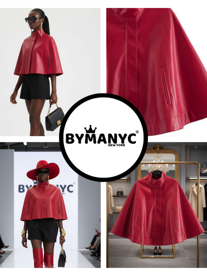 Chaqueta corta estilo capa de cuero rojo para mujer, Greenwich Village, BYMANYC Nueva York.