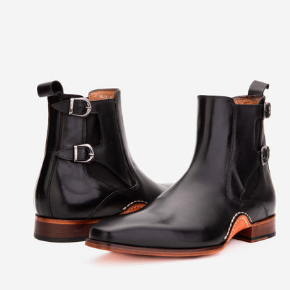 The Royal Hand Craft Black Leather Double-Buckle Chelsea Men Boot