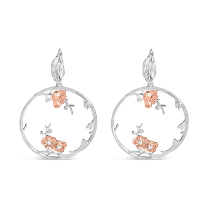 Pendientes de aro florales de plata de ley .925 bañados en oro rosa con 1/10 Cttw de diamantes (color I-J, claridad SI1-SI2)