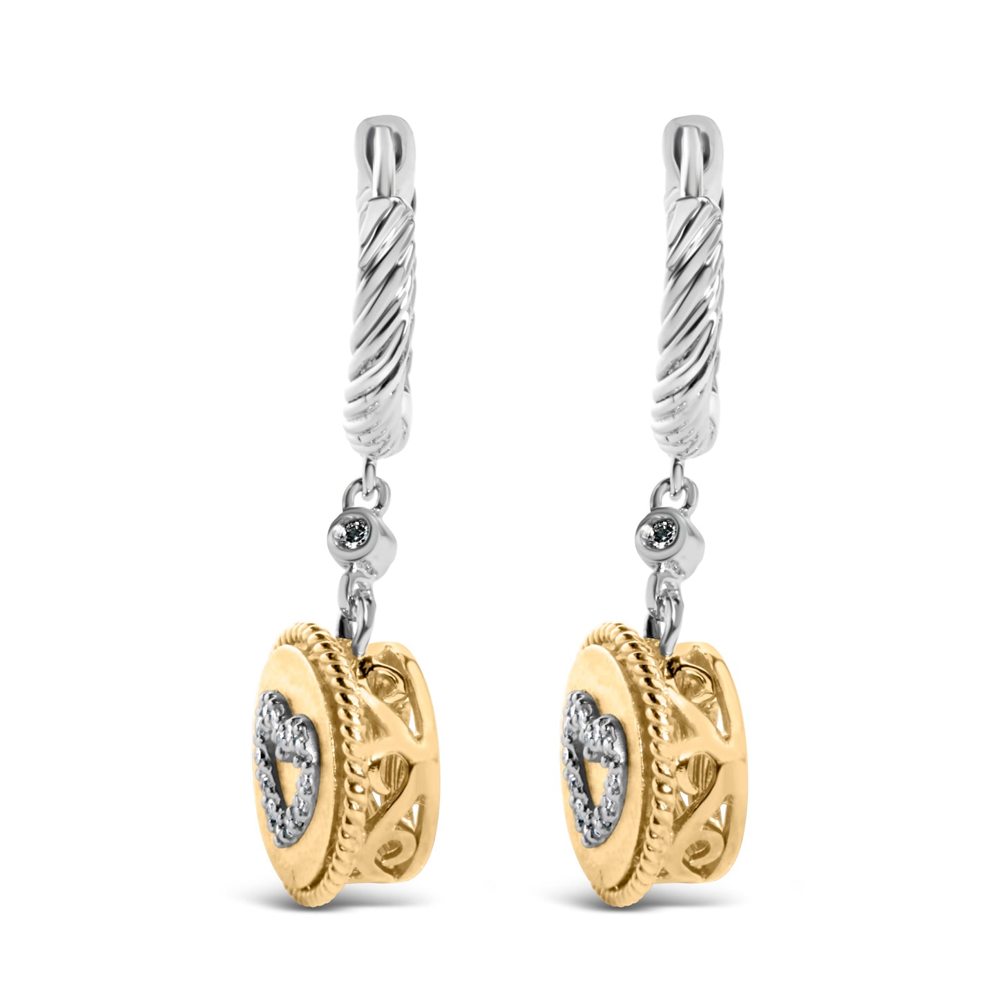 Pendientes colgantes y pendientes colgantes de corazón de medallón de diamante de 1/8 Cttw de plata de ley 925 chapados en oro amarillo de 18 quilates (Color I-J, Claridad SI1-SI2)