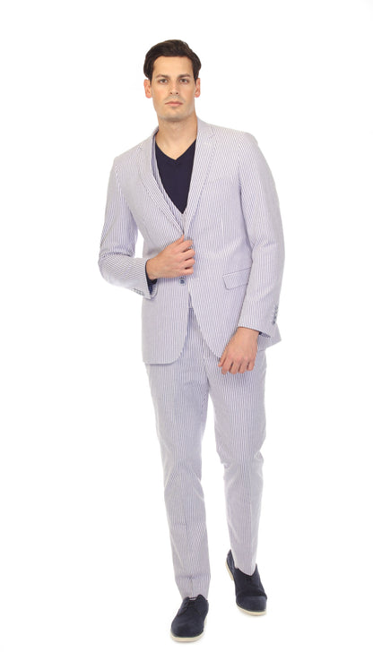 Men's Slim Fit Two Button Blue Seersucker Suit