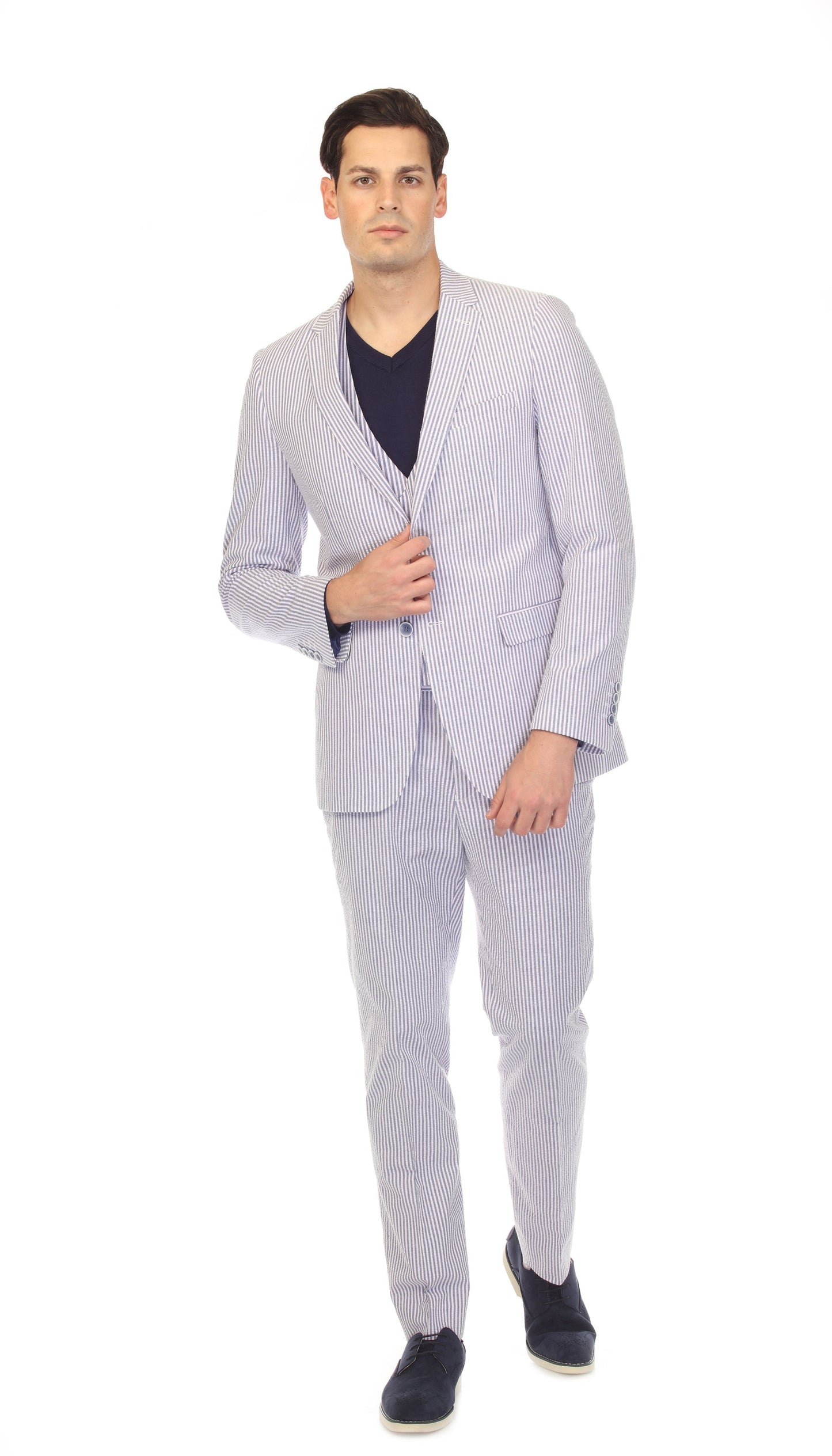 Men's Regular Fit Two Button Blue Seersucker Suit