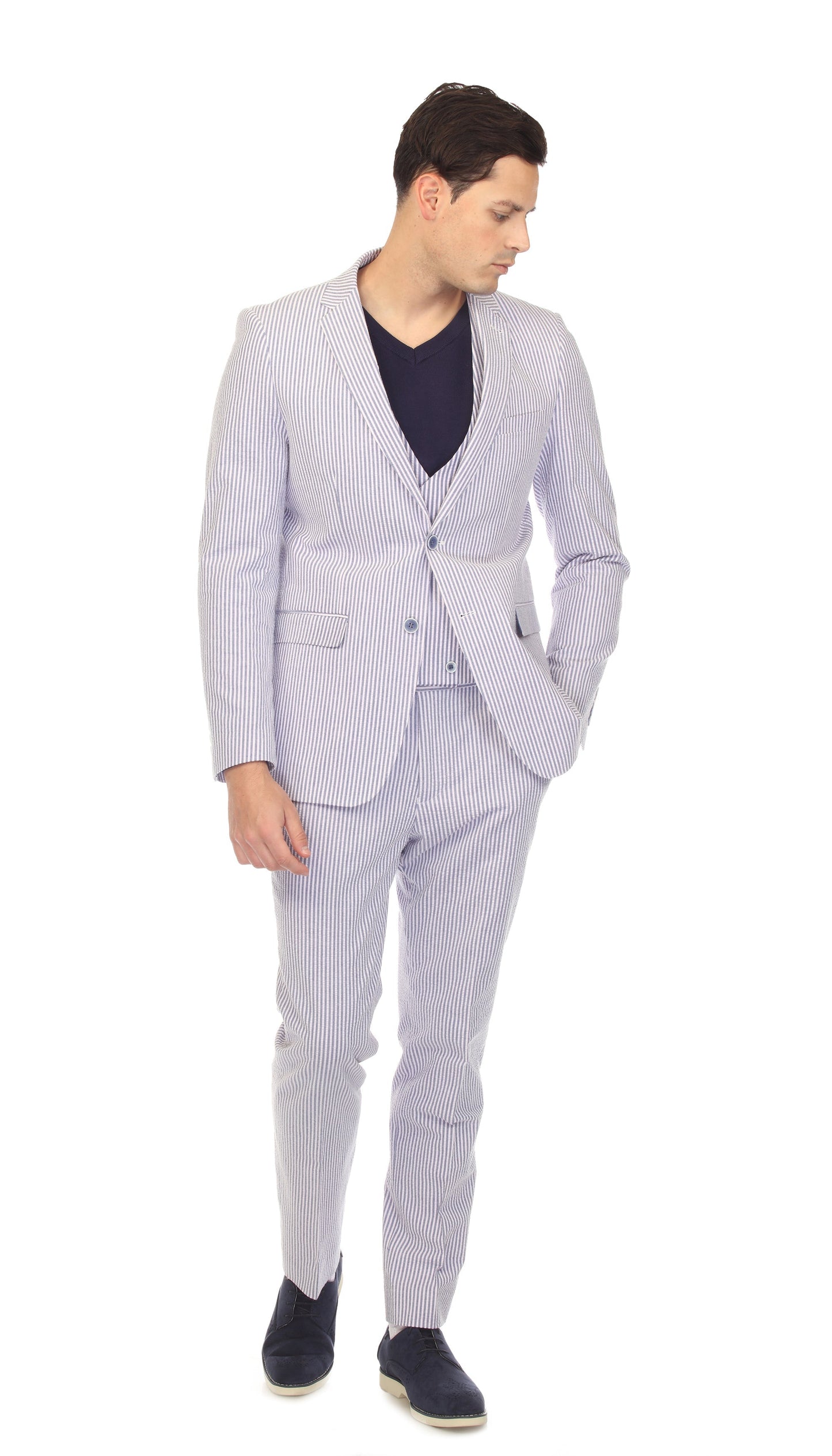 Men's Regular Fit Two Button Blue Seersucker Suit