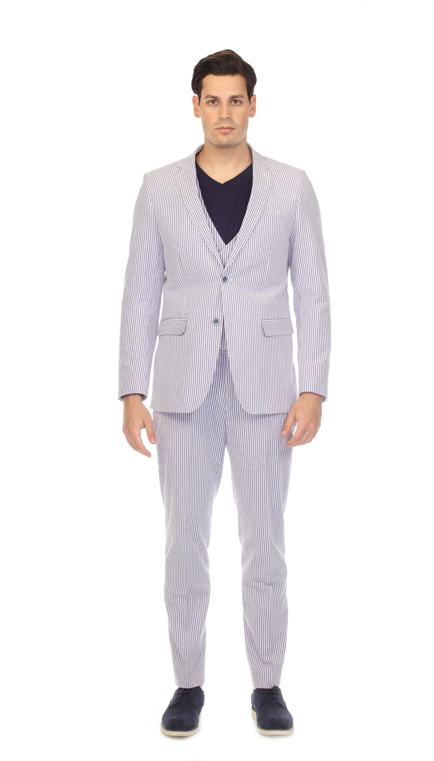 Men's Regular Fit Two Button Blue Seersucker Suit