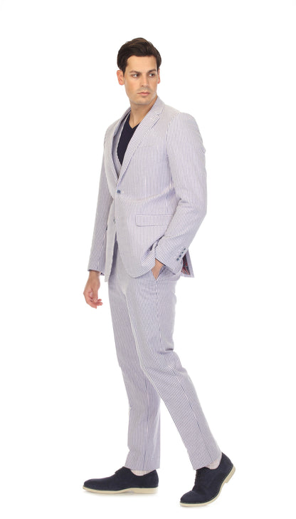 Men's Regular Fit Two Button Blue Seersucker Suit