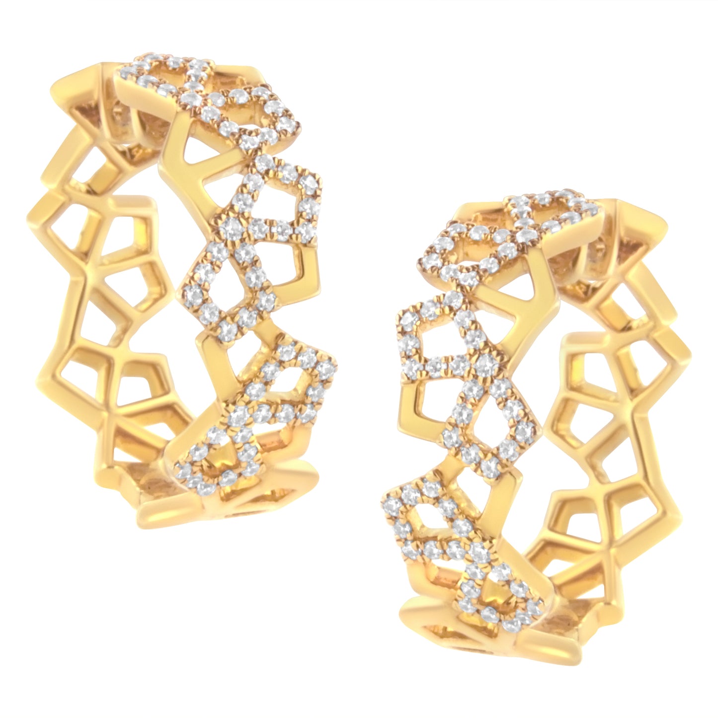 Pendientes de aro de oro amarillo de 14 quilates con diamantes en forma de panal de 0,75 quilates en total (color G-H, claridad SI1-SI2) - 24 mm
