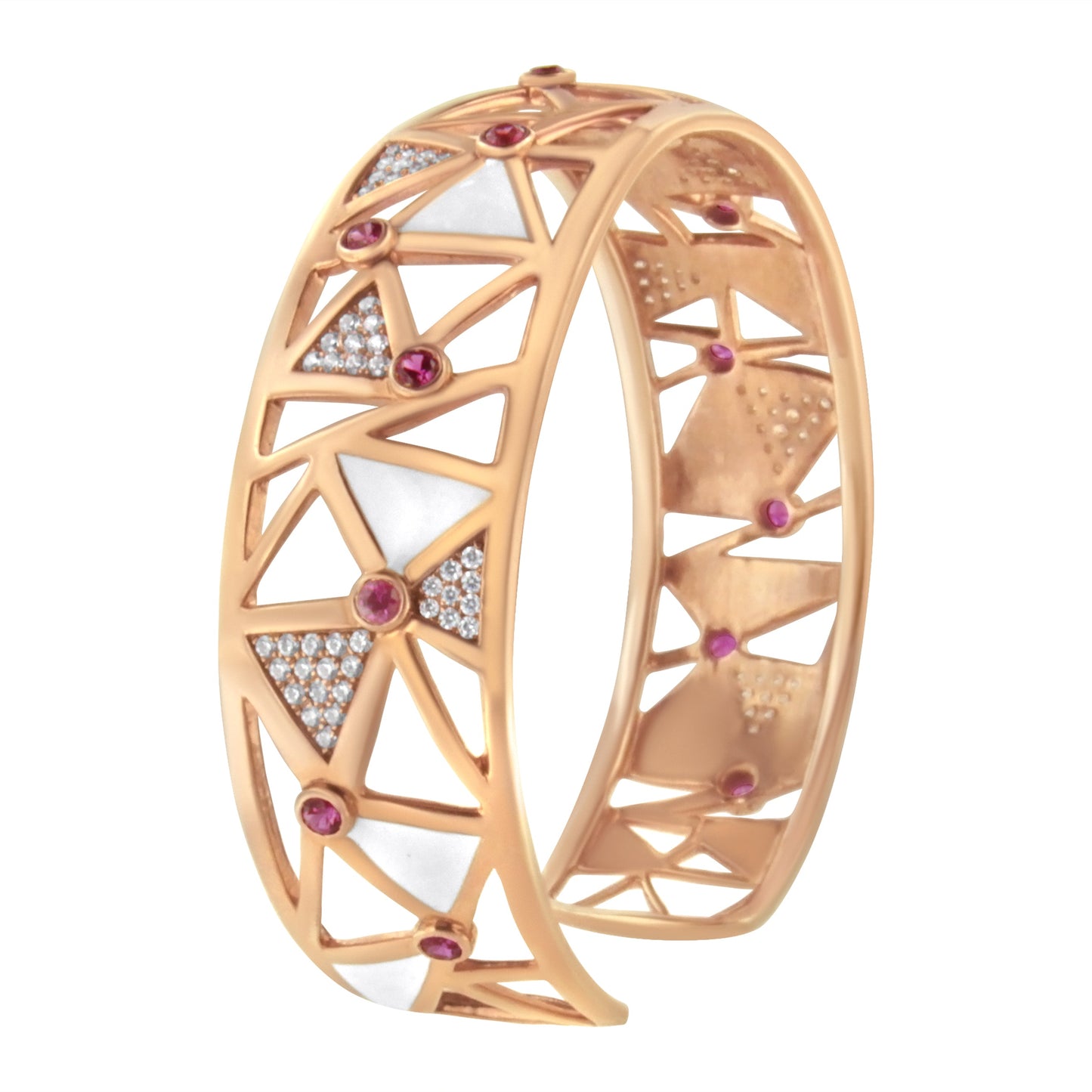 Brazalete abierto de oro rosa de 14 quilates y 5/8 quilates con diamante y turmalina rosa con esmalte blanco (color G-H, claridad SI1-SI2) - 7"