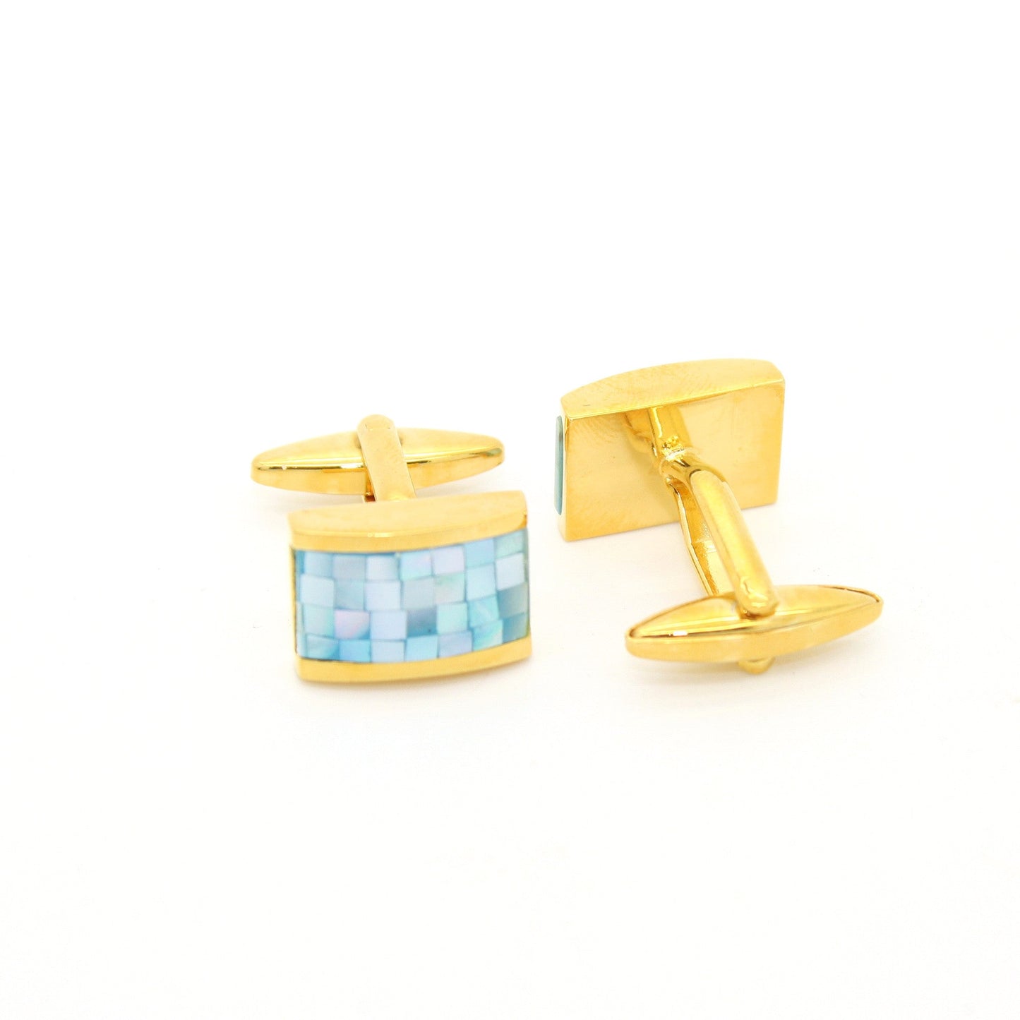 Goldtone Blue Shell Cuff Links With Jewelry Box