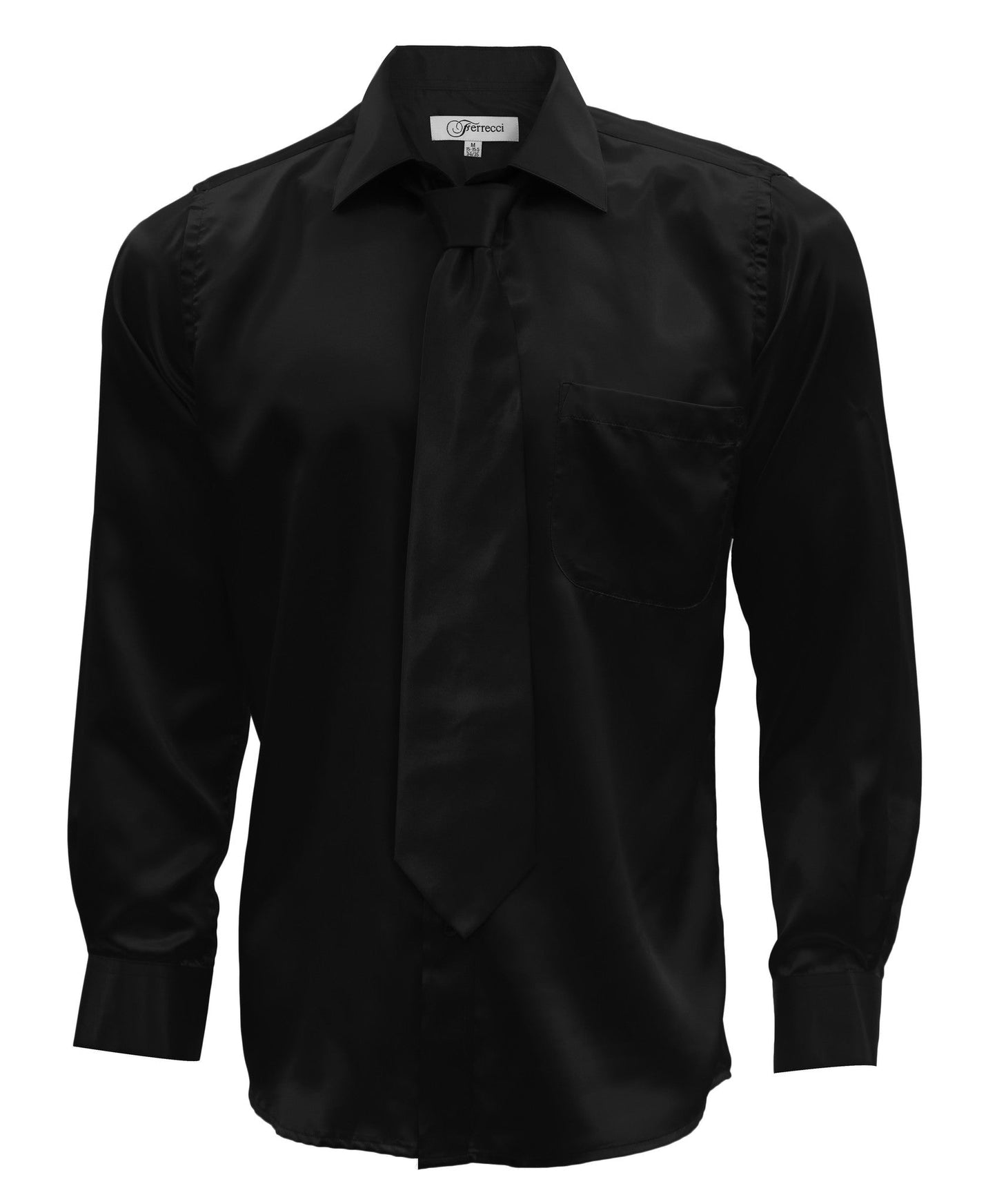 Black Satin Regular Fit French Cuff Dress Shirt, Tie & Hanky Set
