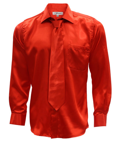 Burnt Red Satin Regular Fit French Cuff Dress Shirt, Tie & Hanky Set