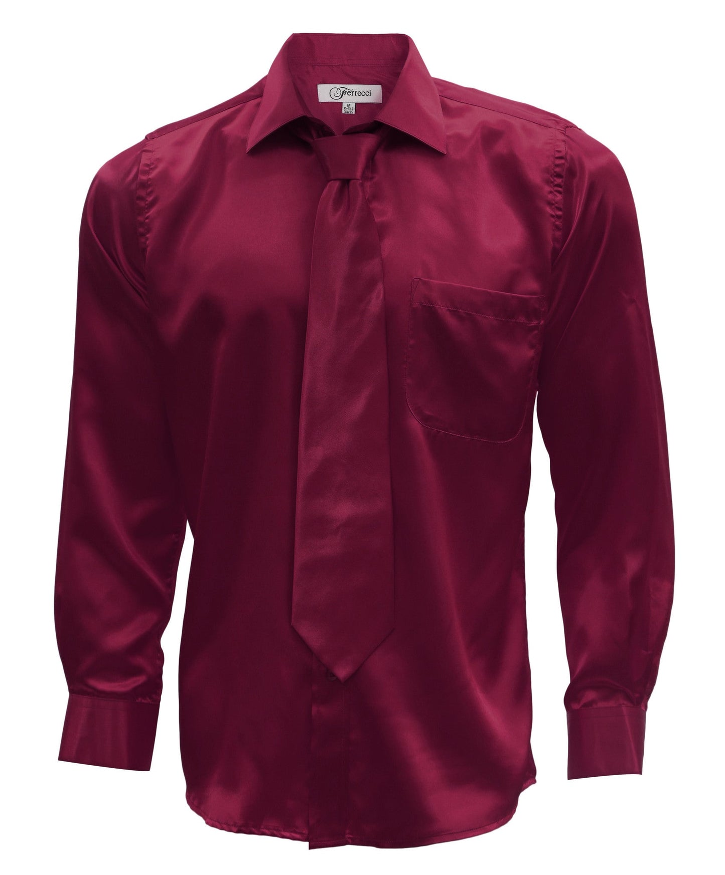 Burgundy Satin Regular Fit French Cuff Dress Shirt, Tie & Hanky Set